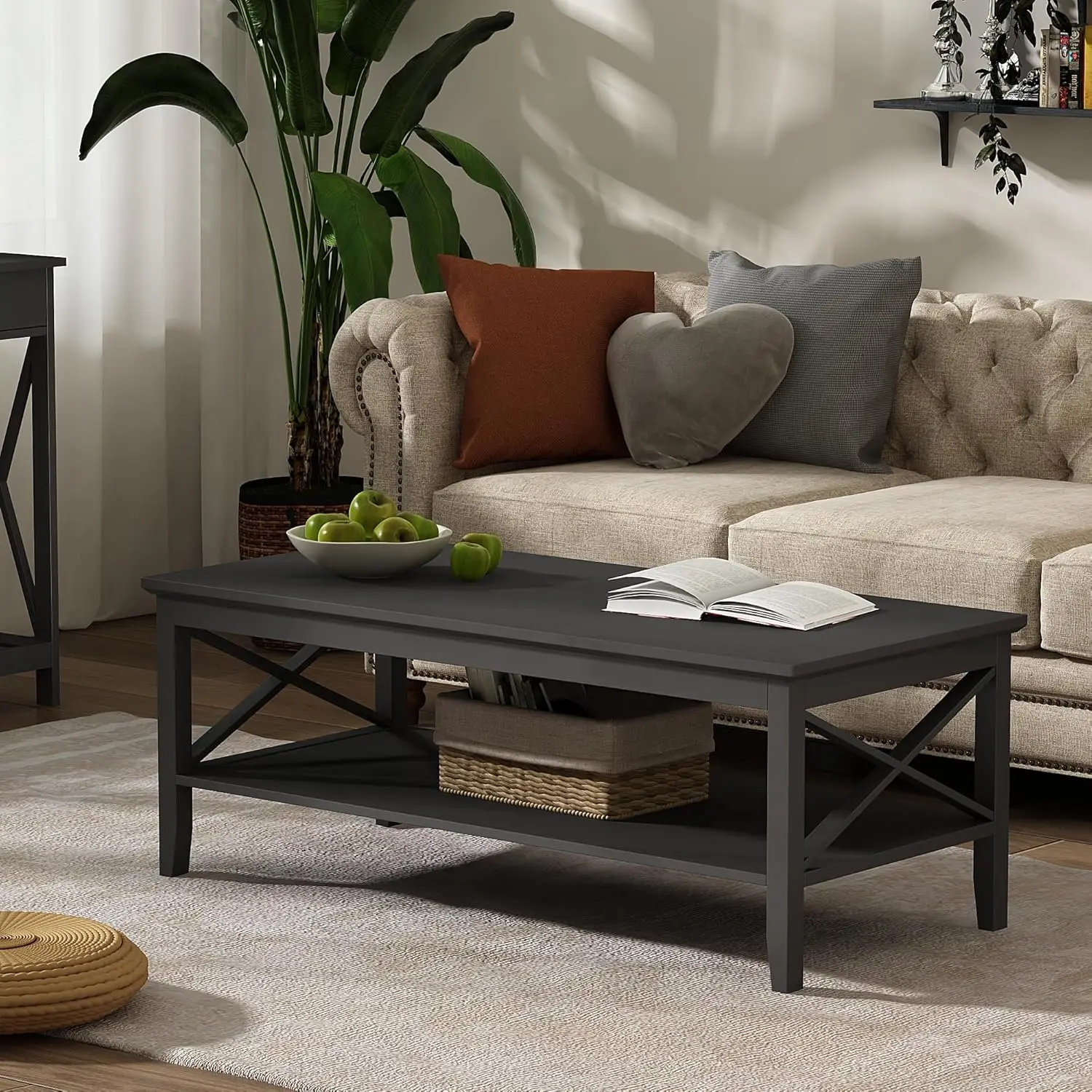 Coffee Table with Thicker Legs, Black Wood Coffee Table with Storage for Living Room, 47 inch