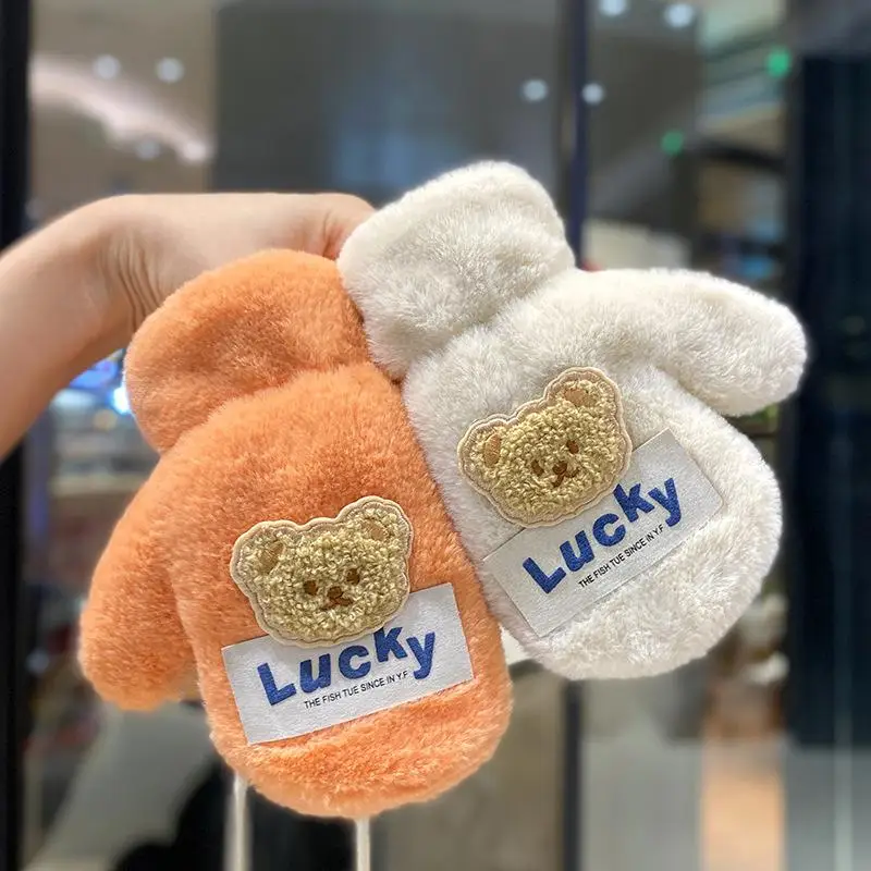 الشتاء الاطفال فروي شنقا الرقبة قفازات الطفل سميكة فو الفراء القفازات الكرتون لطيف الدب أفخم قفازات