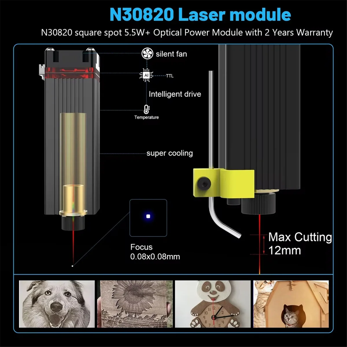 40W 450nm Blue Light Laser- N30820 Laser Module for DIY Wood Engraving and Cutting Tool