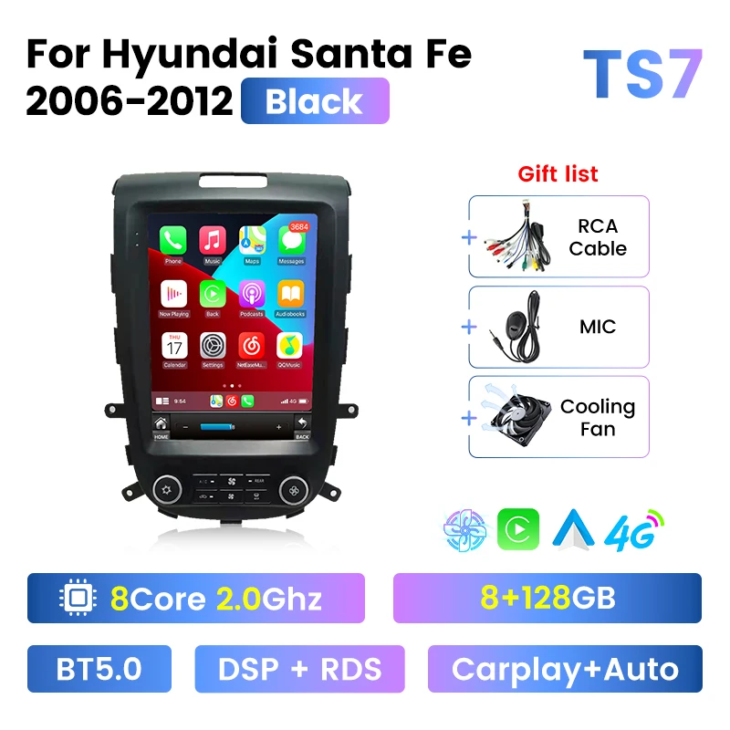 Ventilateur de refroidissement de caméra à écran tactile pour Hyundai Santa Fe, Android 8 Core, WiFi, 4G Permanence, navigation GPS 360, 2006-2012