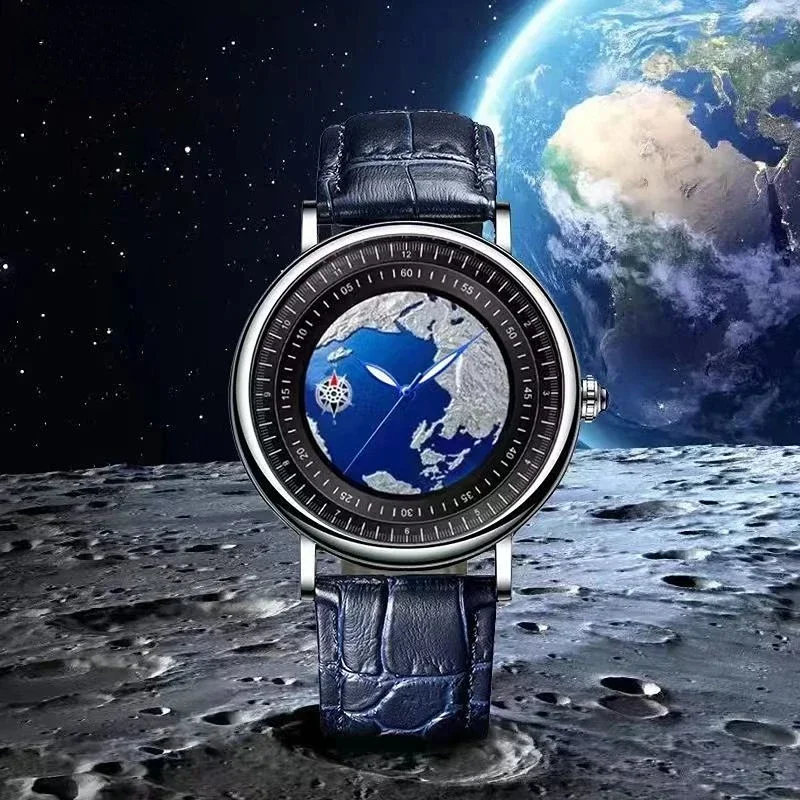 Fashion Globe Large Dial The Blue Planet Personalized Leisure Quartz Watch Luminous Pointer Leather Watchband Mens Wristwatch