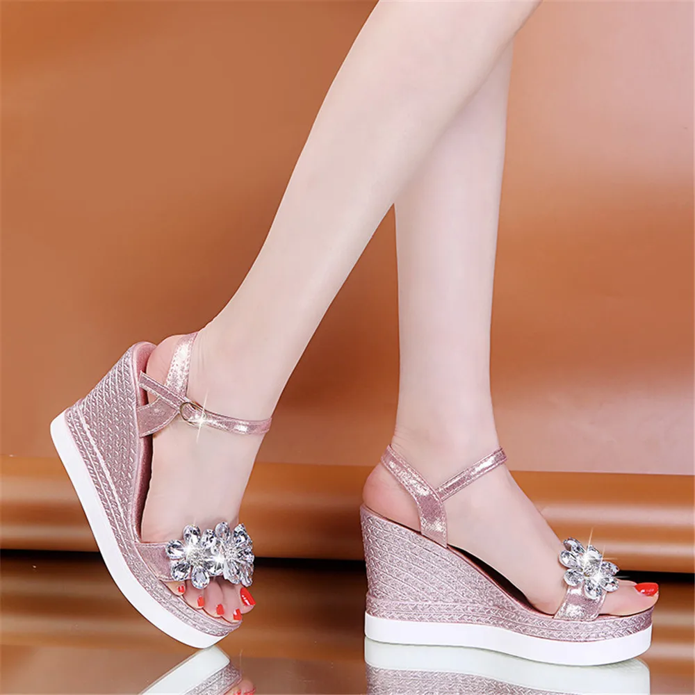 New Female Ankle Strap Buckle Rhinestone Crystal Sandals 2021 Summer Women Round Toe High Heels Fashion Ladies Wedges Shoes Gold