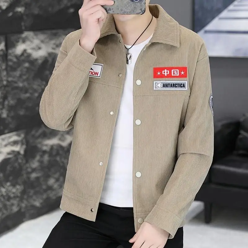 

Men's Corduroy Jaet Casual Collar up Jaet Spring Autumn Versatile Loose Fit Long Sve Youth Faion Outerwear
