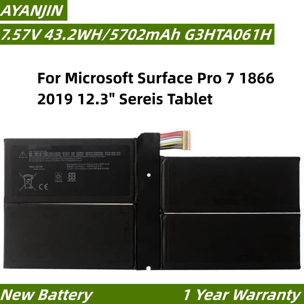 Bateria do portátil para Microsoft Surface Pro 7, G3HTA061H, 7.57V, 43 WH, 5702mAh, 1866, 2019, 12.3 ", Tablet