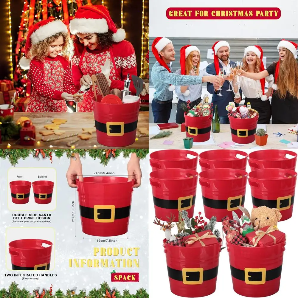 

Красные пластиковые рождественские ведерки с ручками в стиле пояса Санты, идеально подходят для украшений, конфет, игрушек и многого другого.