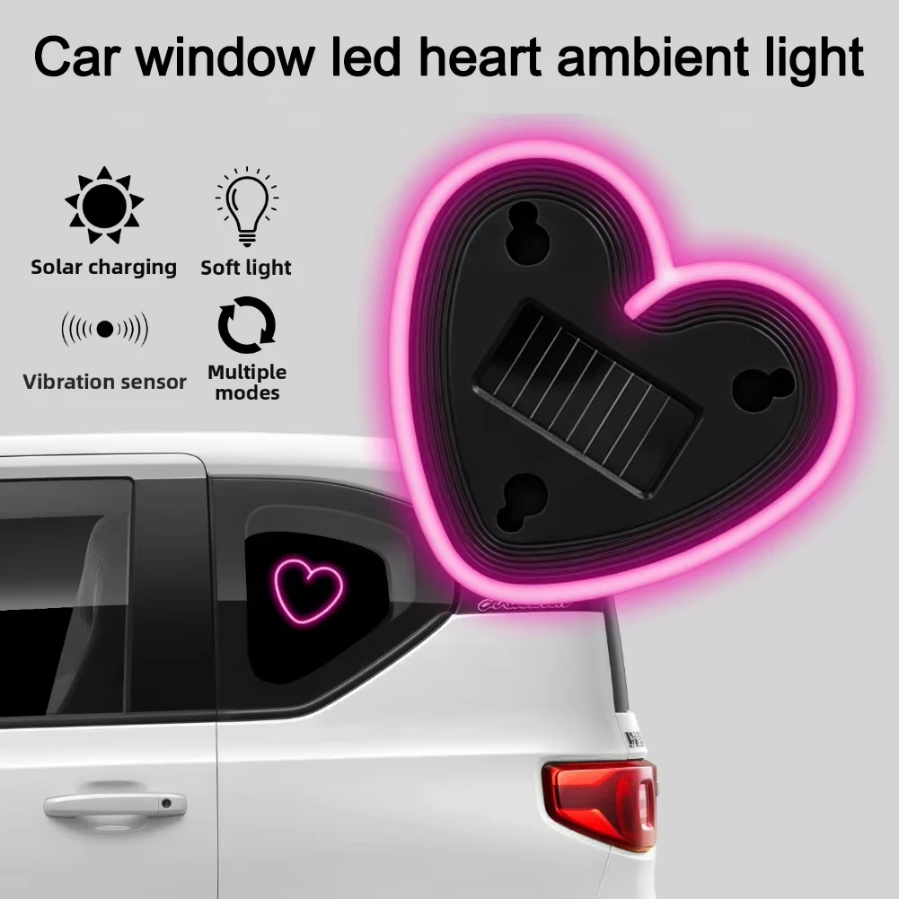 Solar-Powered Led Car Window Neon Lights - Heart-Shaped Rgb-Free Color-Changing Interior Wiring Free Atmosphere Light