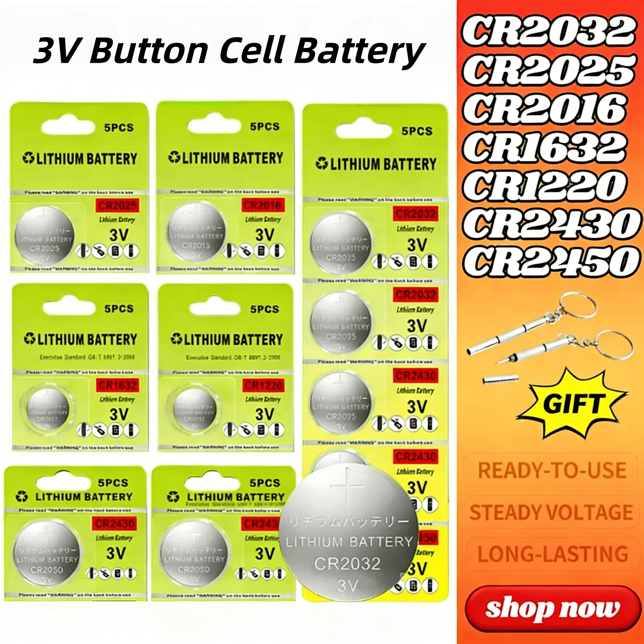 

3V Lithium Button Cell Batteries Assortment CR2032 CR2025 CR2016 CR1220 CR1632 CR2430 CR2450 for Watches Car Keys Toys Scales