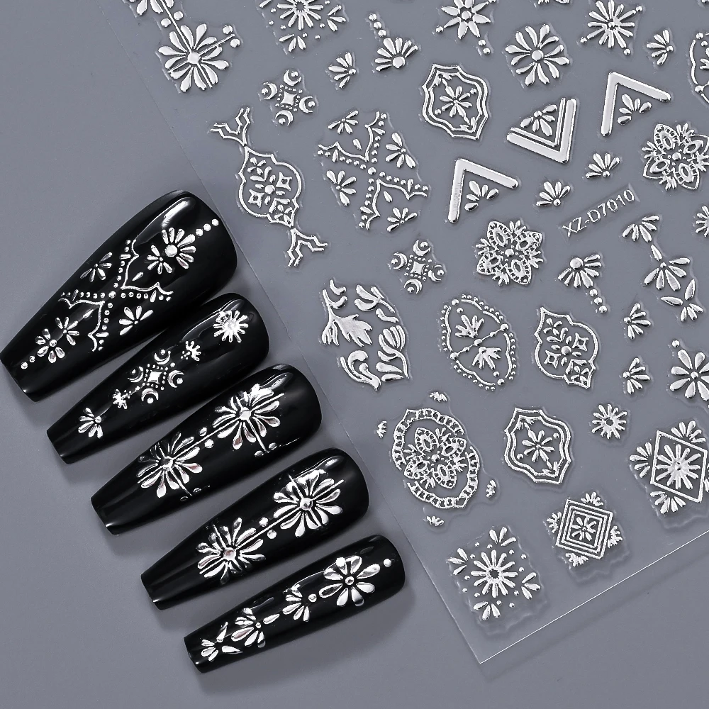 1pcs 3D 금속 실버 불규칙한 하트 네일 아트 스티커 프랑스어 우아한 라인 꽃 네일 데칼 자기 접착 매니큐어 액세서리