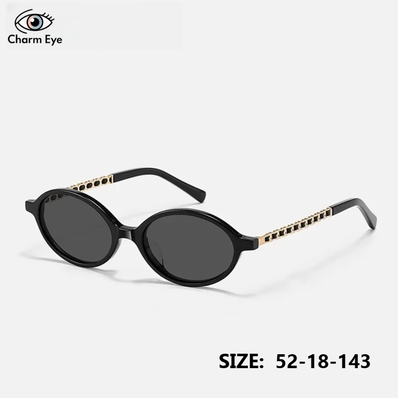 

Women Sunglasses High Quality Acetate Chain Leg Eyewear Black Retro Fashion Elliptical UV400 Outdoor Sports Travel Sun Glasses