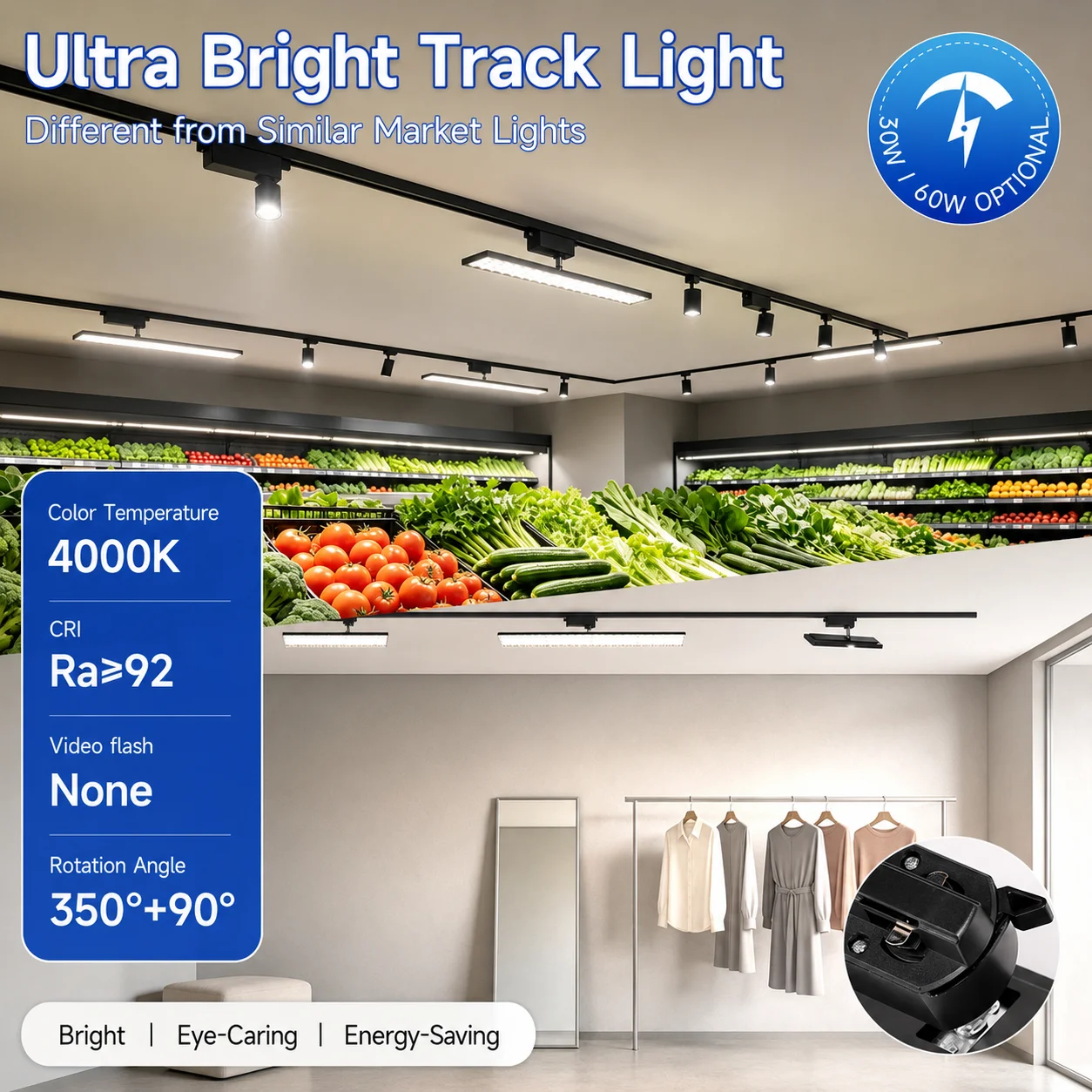 LED Linear Track Light 30W 60W LED Track light djustable Rail Ceiling Lamp for Supermarket Retail ShopMall Commercial 110-265V