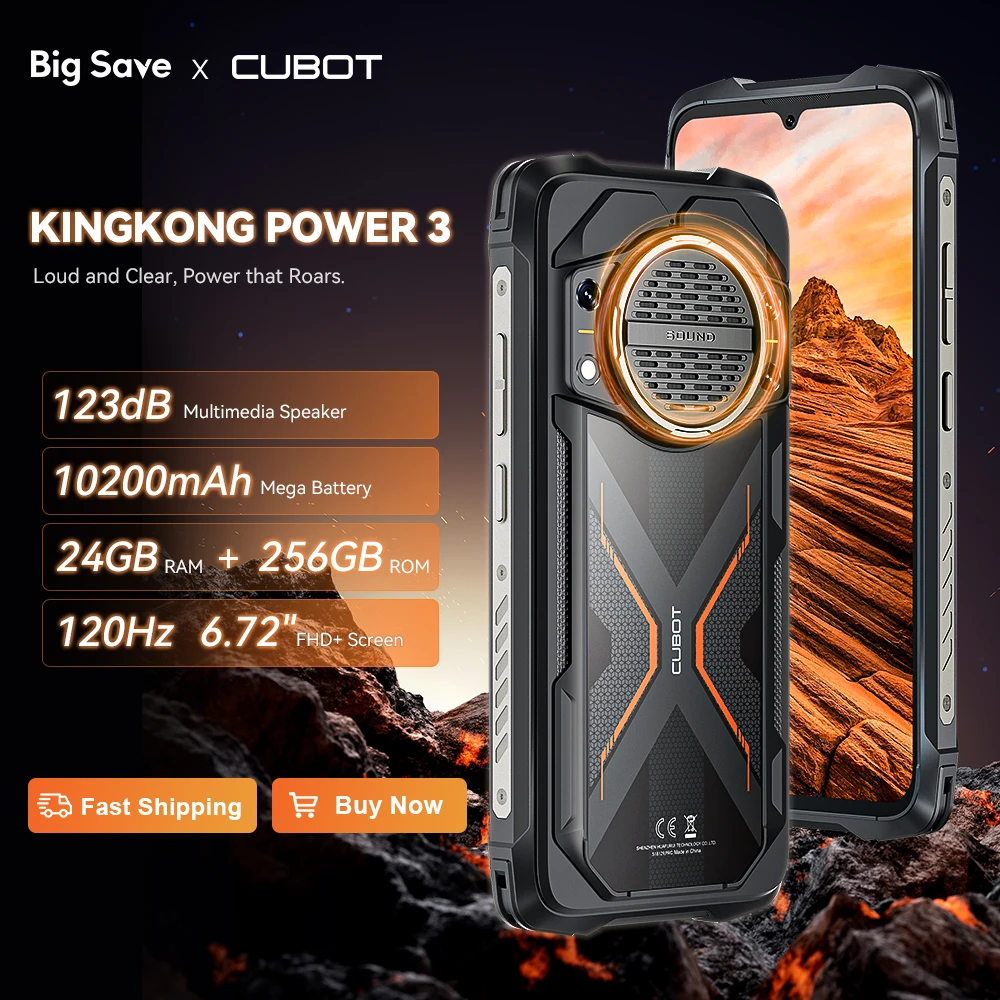 Cubot KingKong Power 3, Smartphone Android 14, Altavoz de 123dB, Helio G99, Pantalla de 6,72" de 120Hz, Ampliable hasta 24GB de RAM, 256GB de ROM, Batería de 10200mAh, Cámara de 100MP, NFC, 4G movil