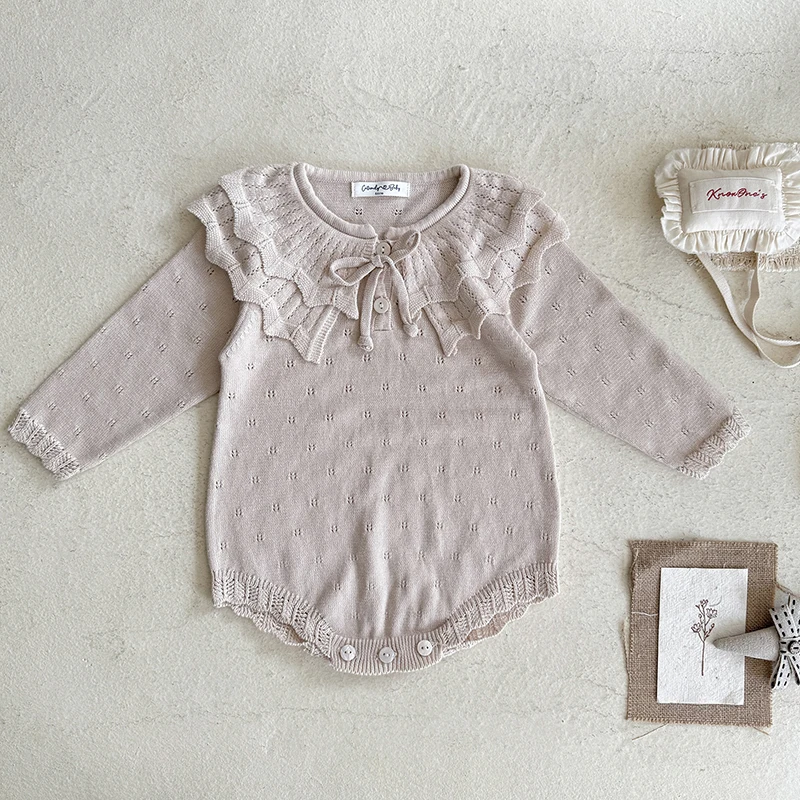 ملابس خريف جديدة لعام 2025 0-24 متر ملابس محبوكة لحديثي الولادة للفتيات بأكمام طويلة بلون سادة بدلة قفز محبوكة للفتيات الرضع