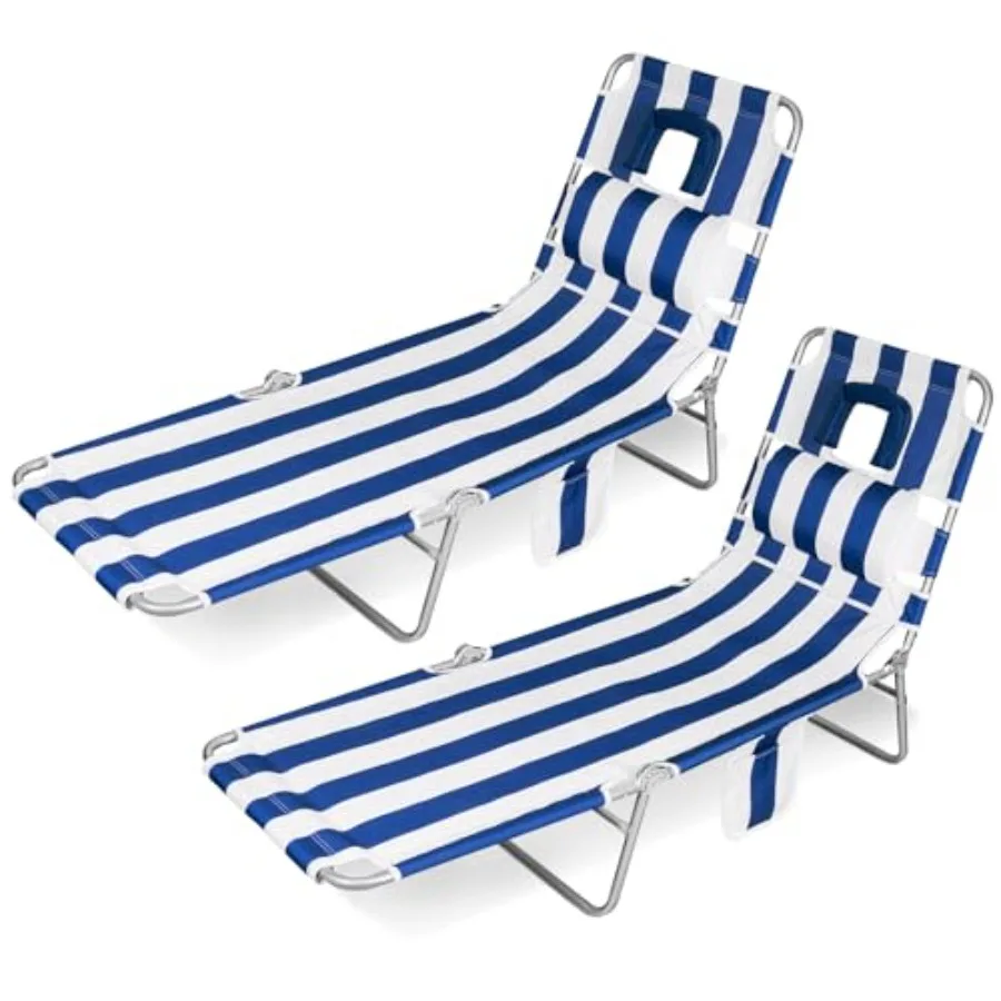Beach poolside use, polyester fabric, navy blue, lightweight + adjustable reclining with arm slots and side pocket