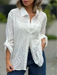 Spring Youth Elegant Women's Hollow Shirt New Shirt Single Breasted Fashion Flip Collar Long Sleeved Street Commuter Top Shirt