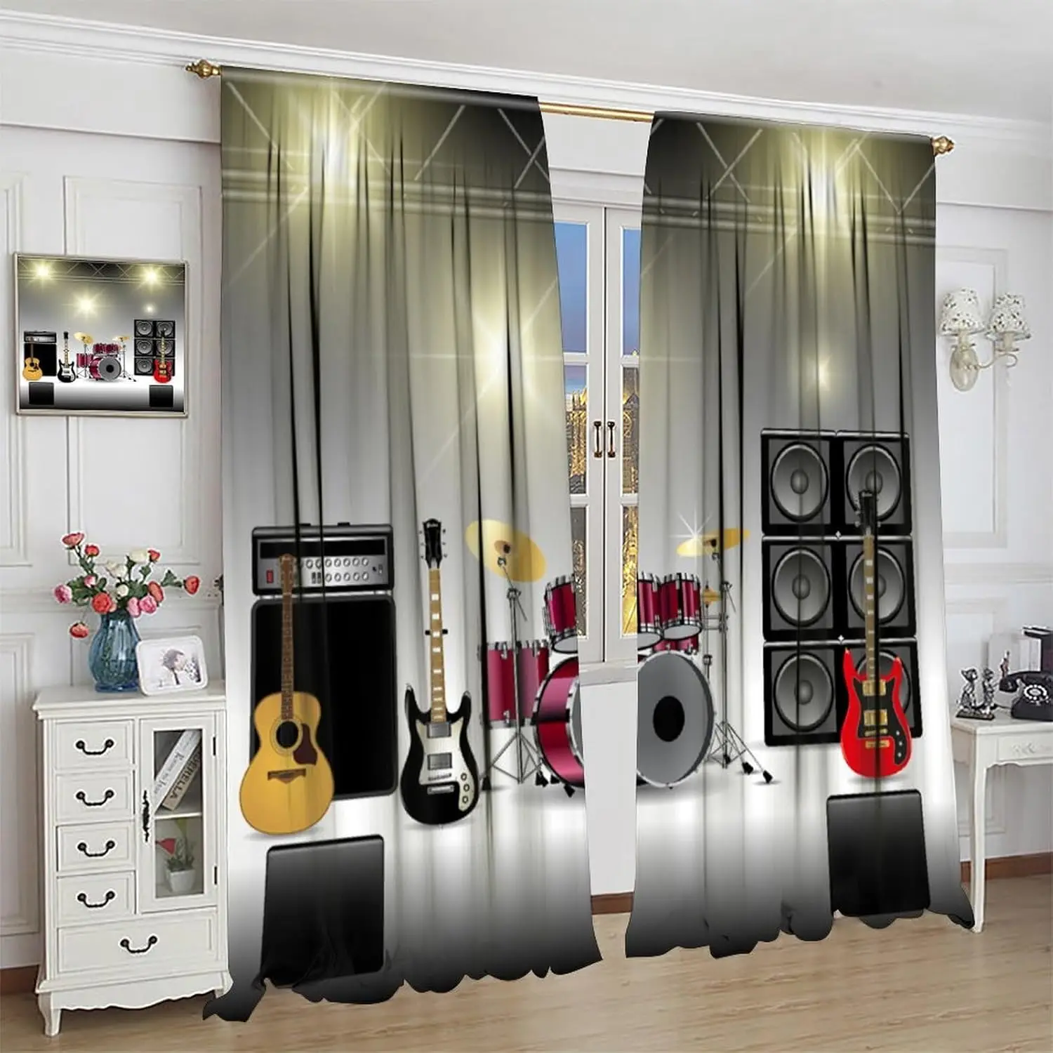 Music Blackout Curtains,Modern Electronic Instrument Guitar Music Hip Hop Rock Prints Rod Pocket Window Treatments Drapes for
