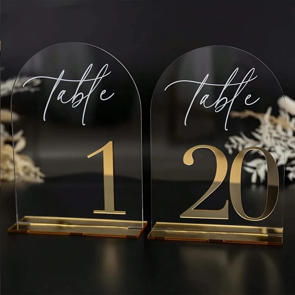 Benutzerdefinierte 1 und 10 Stück klare Acryl- und Goldtischnummern mit Ständer, elegante Hochzeits-Acrylschilder für Hochzeitsbankett-Dekoration