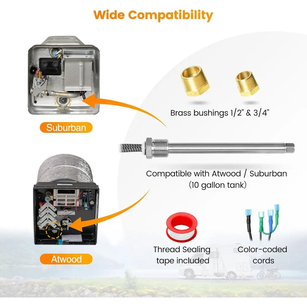 [New Upgrade] RV Electric Water Hybrid Heater Kits with Replaceable Anode Rod (Patent Pending), Electric Heat and Anode Protecti