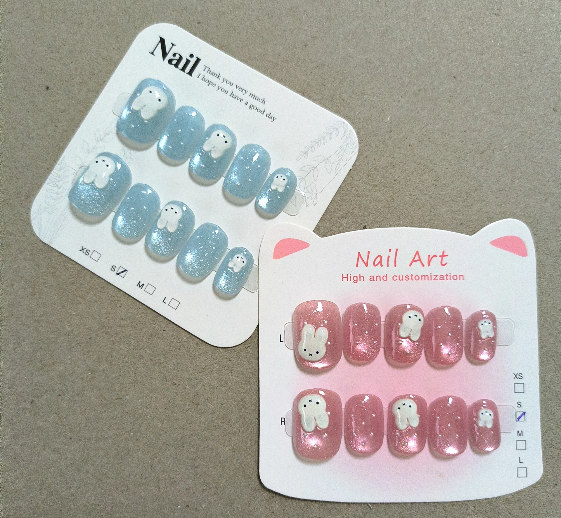 10pcs Short Square Press On Nails Shimmer Pink Blue Cat Eye Bunny Cute Kawaii Rabbit False Nails Reusable Full Cover For Daily