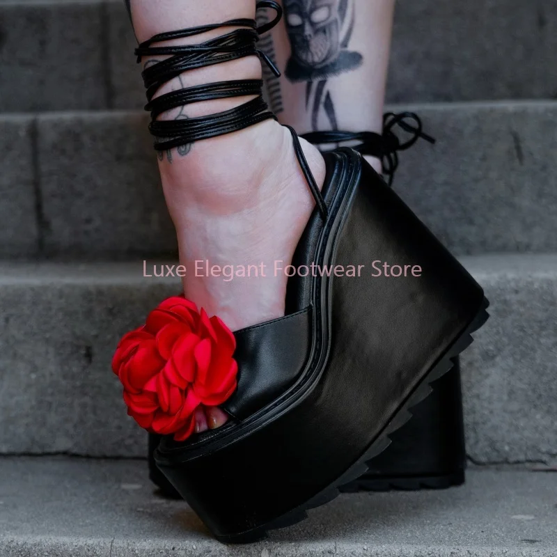 

Red Flower Cross Strap Platform Wedges Heel Sandals Women Black Leather Open Toe High Heels Gothic Punk Party Shoes New Style