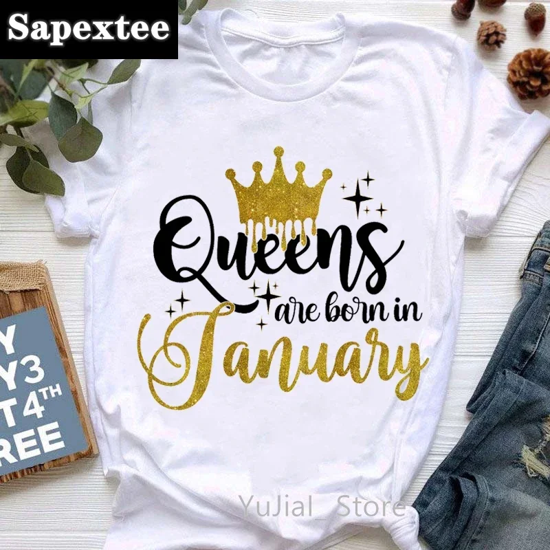 Golden Crown Queen Are Born In January To December Graphic Print T-Shirt Women'S Clothing Tshirt Femme Birthday Gift Tops