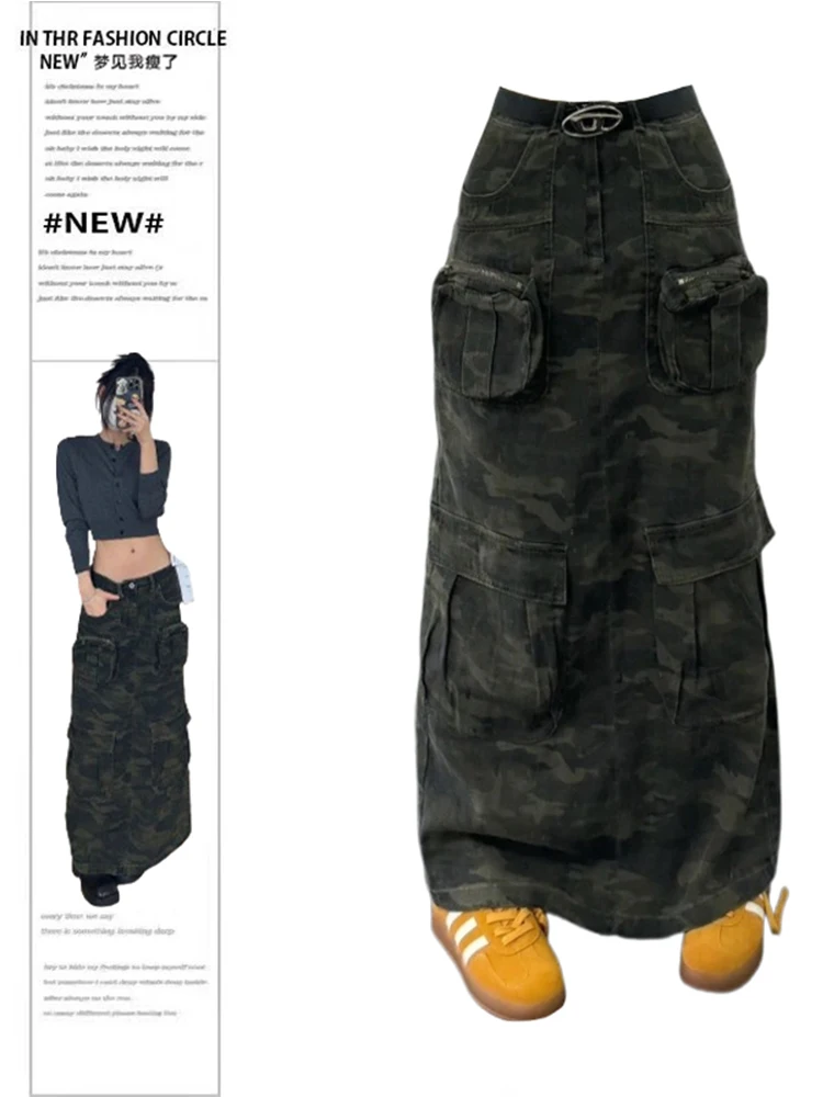 Women Y2k Camouflage Mid-Long Cargo Denim Skirt Shoujo 2000s Japanese Fashion Tide Cyber Punk Grunge Harajuku E-girl Goblin Core