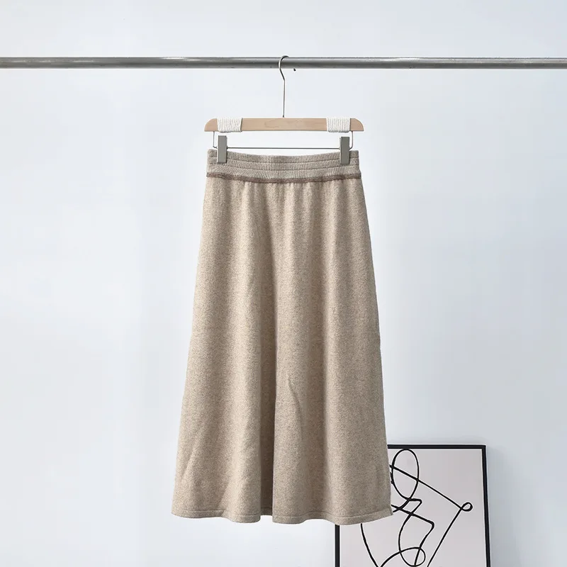 Women\'s Pure Cashmere Skirt, High Waist, Slim, Bead, Chain Splicing, Mid-Length, A-Line, Female, Autumn, New