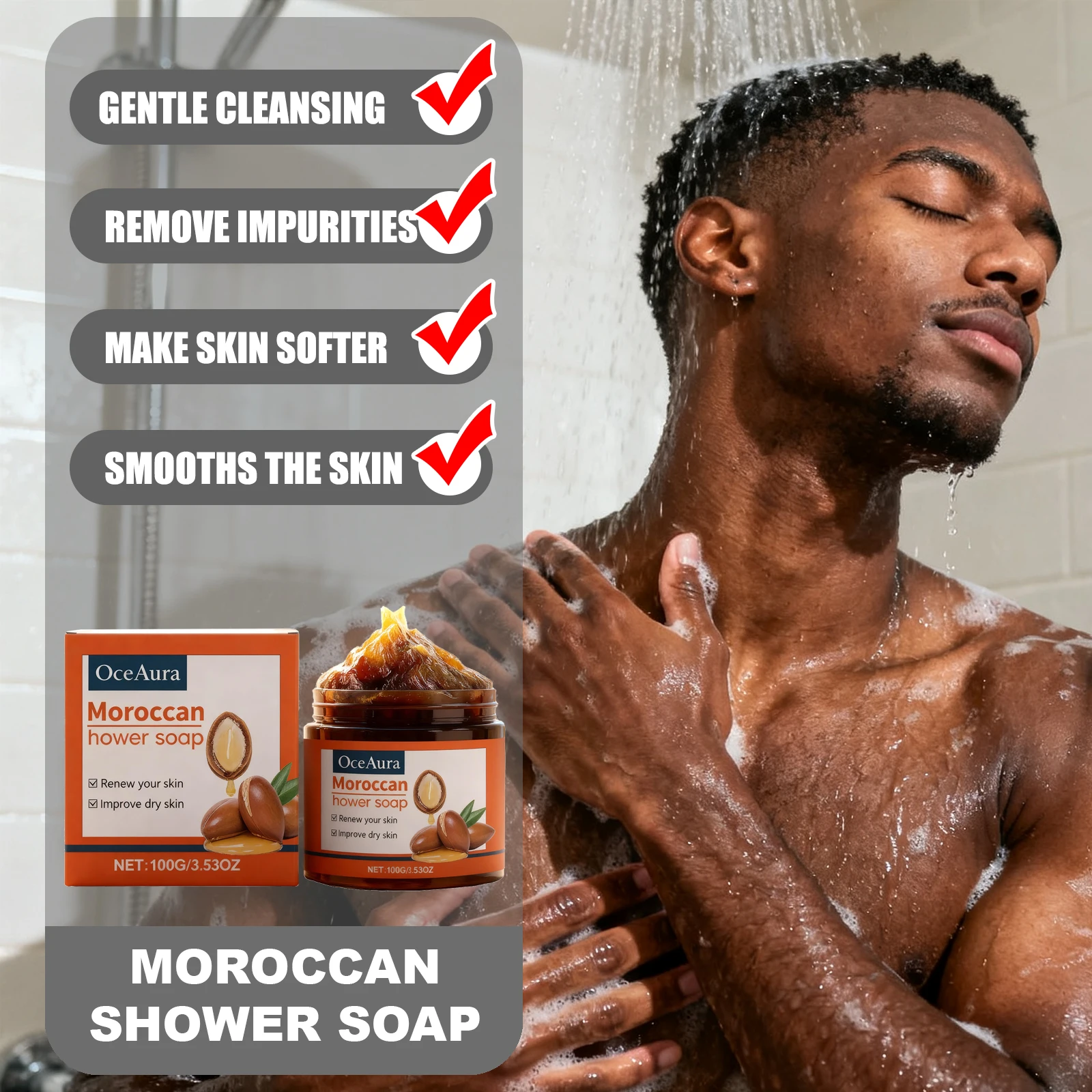 OCEAURA Moroccan Shower Soap Deeply Cleaning Removes Skin Impurities Suitable For All Skin Types Refresh Body Clean Easy to Care
