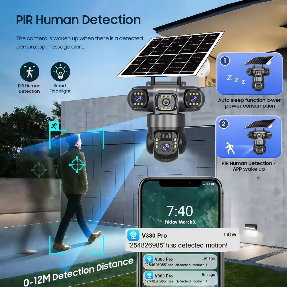 

Tracking Waterproof Security Cameras V380 Pro 12MP 4G Sim Card Three Lens Solar Camera Outdoor 6K 10XZoom PTZ Human Auto