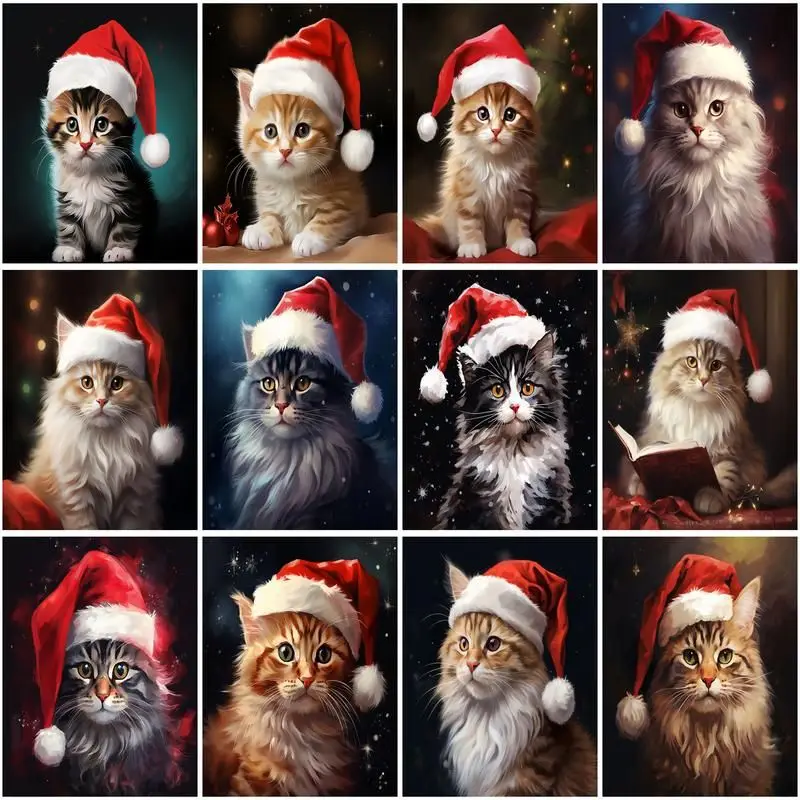

CHENISTORY Oil Painting By Number Christmas Cat Animal For Adults DIY Frame Picture By Numbers Paint On Canvas Home Decoration