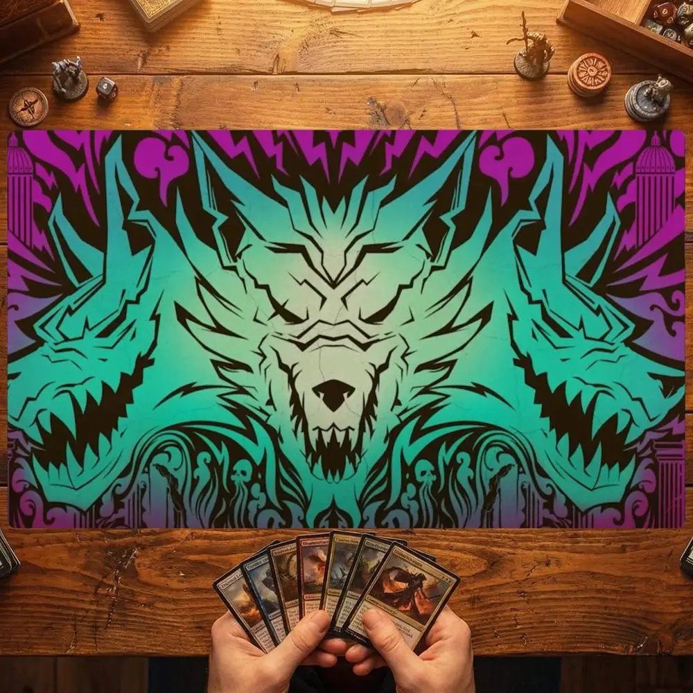 35x60 Twin Wolf Totem Card Playmat Stitched with Magic Zones Tabletop Game Mats for MTG/TCG Battle Commander Desk Gaming Mat