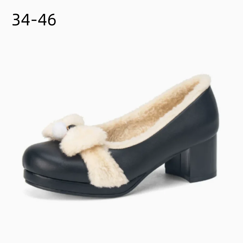 Princess Grils Sweet Winter Pumps Fur Warm Shoes For Party Cute Knot Slip-On Pink Black Round Toe Wide Fits 5cm Japanes Style 46