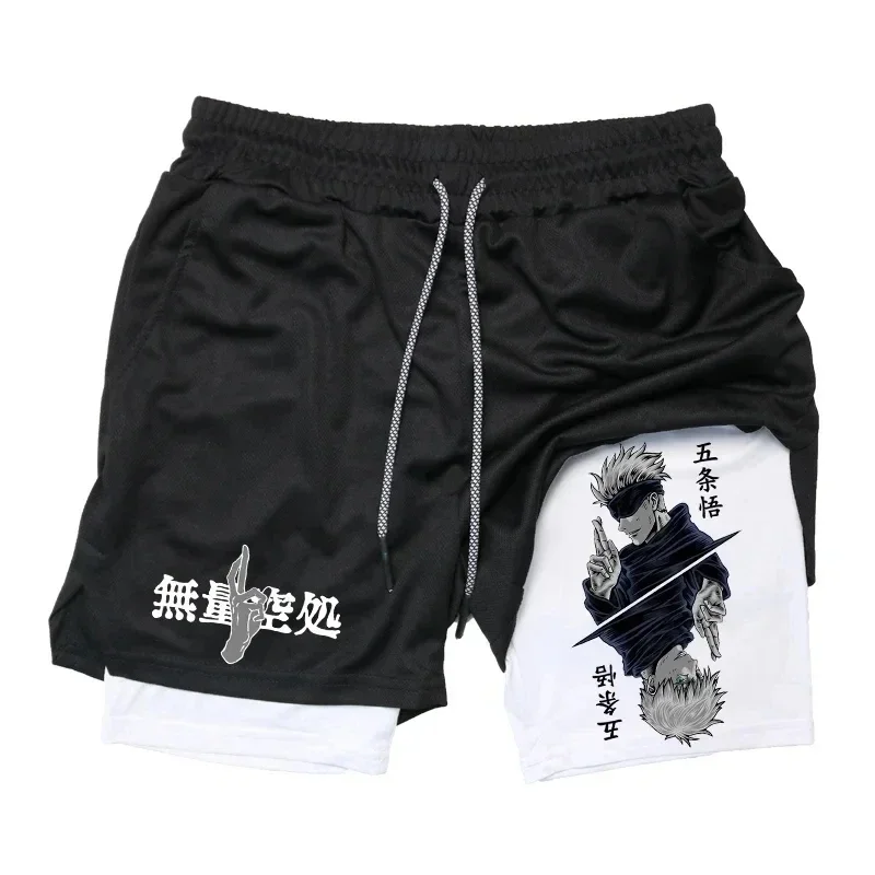 Quick Dry Athletic Shorts, Anime Jujutsu Kaisen Compression Shorts for Men, Pocket Performance, Gym, Workout, Fitness, 2 in 1