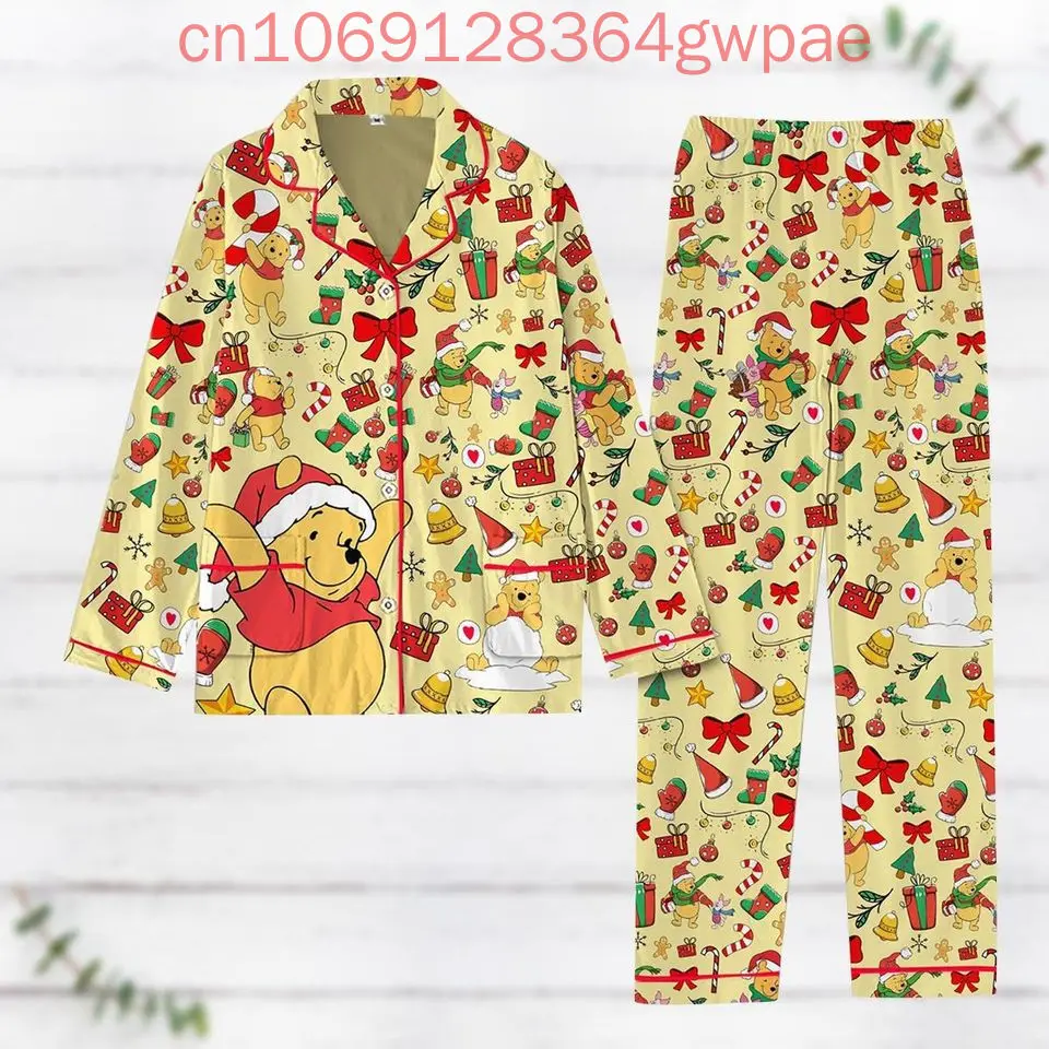 New Disney Winnie the Pooh Christmas Pajama Set 3d Printed Pooh Bear Holiday Casual Men's Women's Long Sleeve Shirt Pajama Set