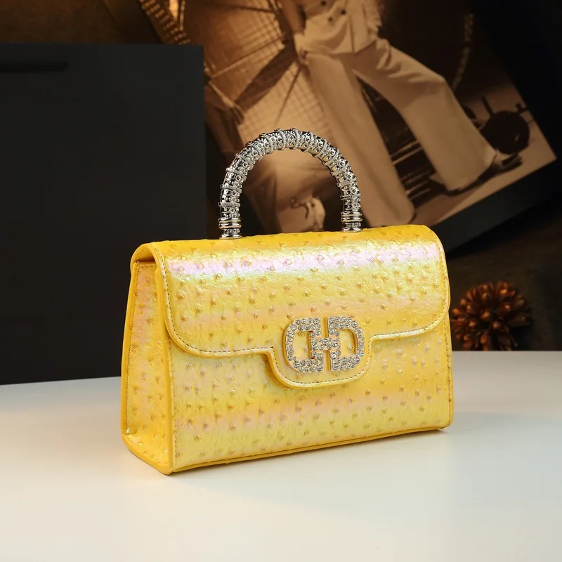 

Unique Ostrich Print Leather Bag with Rhinestones Luxury Top Handle Shoulder Crossbody Purse Designer Inspired New Fashion