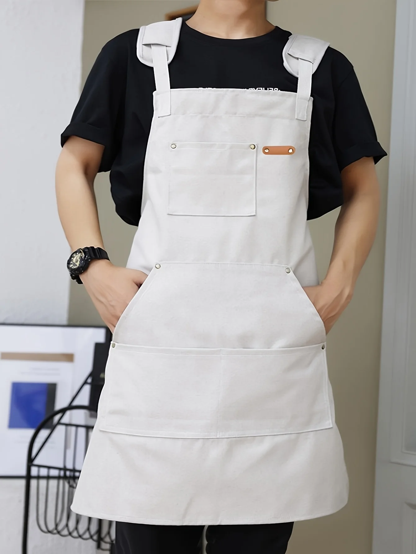 Good Quality Apron Waterproof Men\'s Solid Cotton Work Apron With Kangaroo Pocket, Durable Carpenter Apron Store Apron For Men