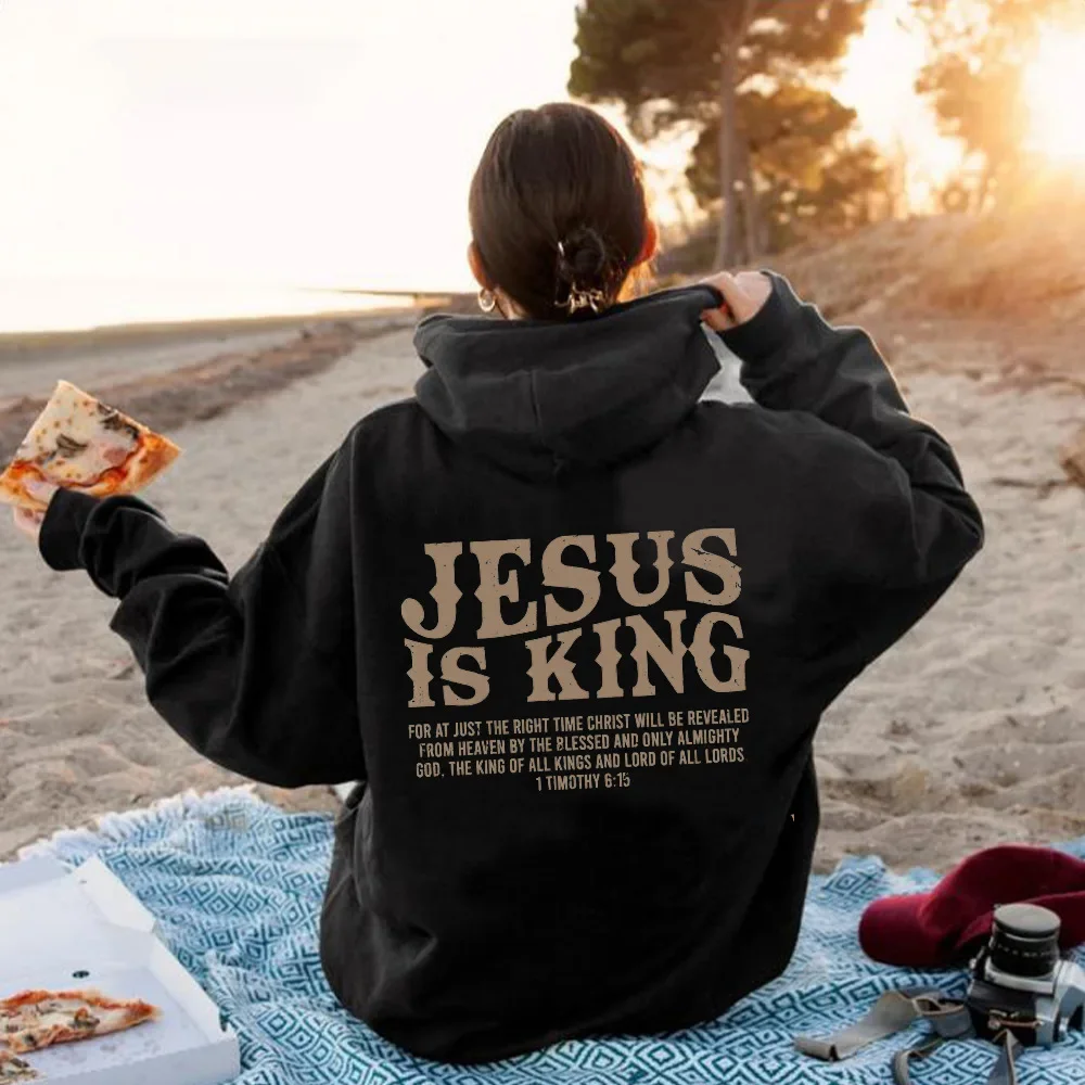 JESUS IS KING New Autumn and Winter Loose Hip-hop Ins Hoodie Amazon Plus Velvet Solid Color Letter Print Street Sweater