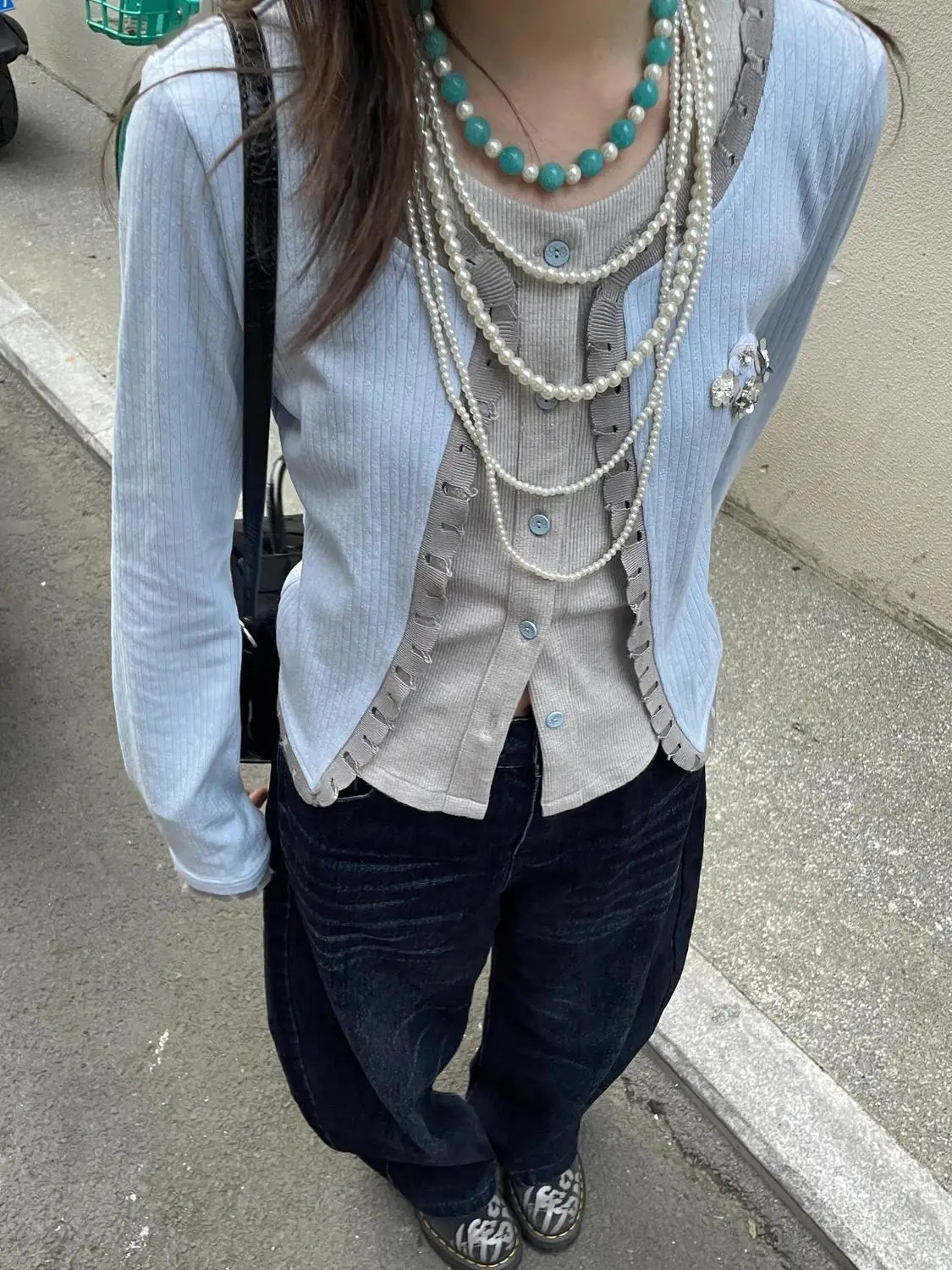 

Fake Two-Piece Spliced Contrasting Color Beaded Jacket 2025 Spring Autumn New Women'S Niche Design Slim Long-Sleeved Top
