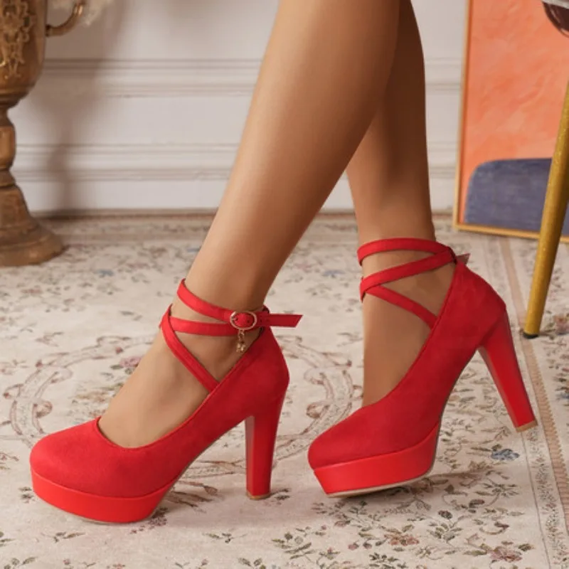 

Women's Retro Pumps Sweet Woman Thick High Heels Ankle Strap Flock Female Platform Mary Jane Women OL Shoes Ladies Footwear New