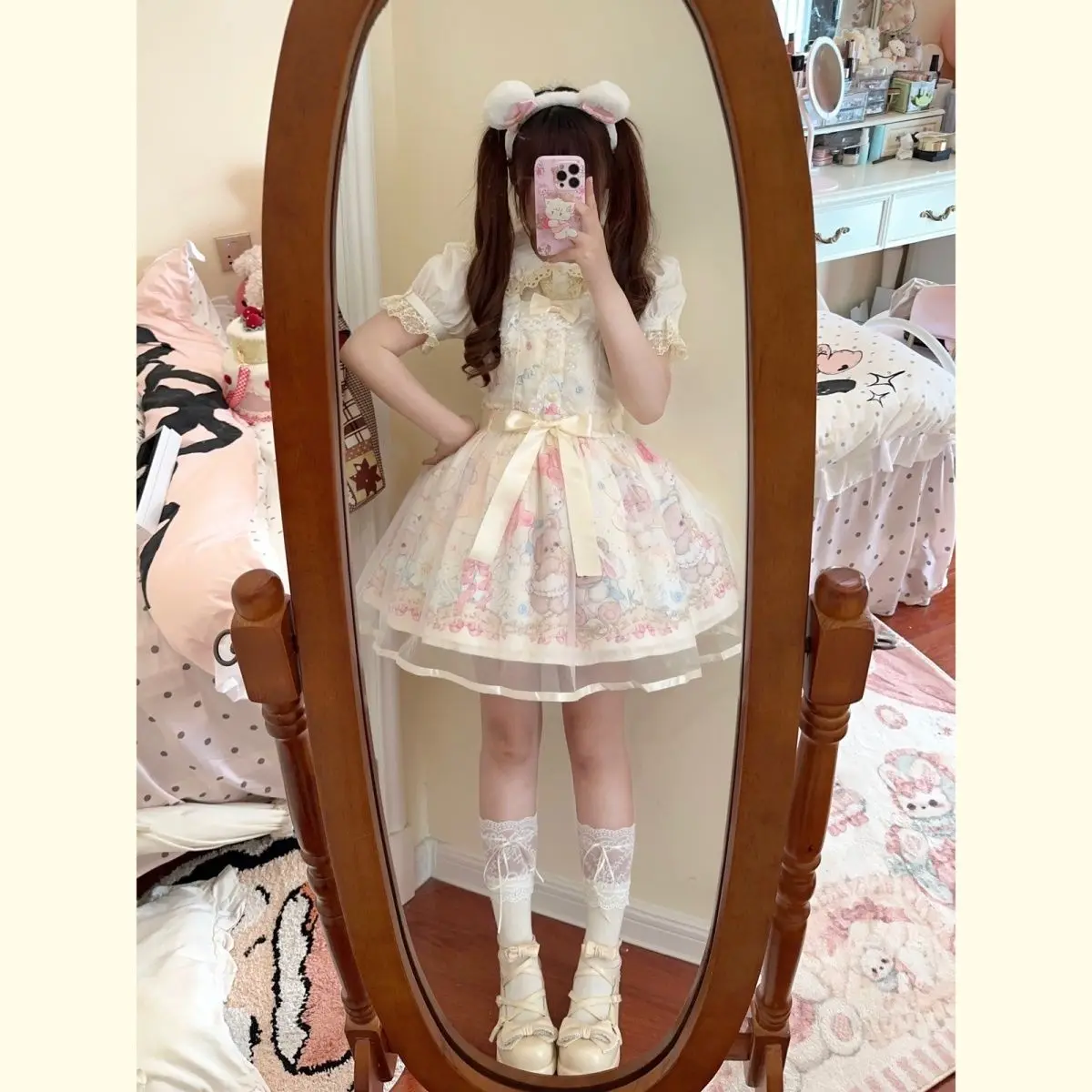 

MAGOGO Sweet Lolita Style Square Collar Bear Printing JSK Dress Women Cute Bow Sleeveless Lace Ruffles Lace Girly Kawaii Dress