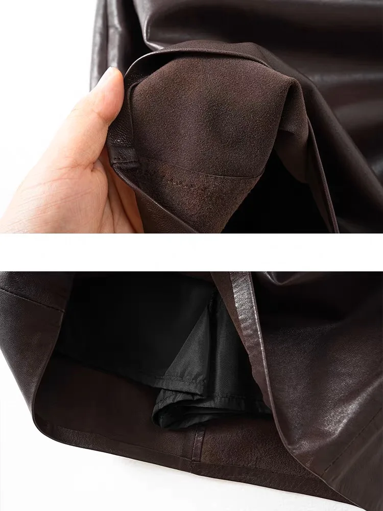 Mini jupe en cuir véritable pour femmes, haut de gamme, 100% peau de mouton, courte, Sexy, devant en forme de A, bordeaux