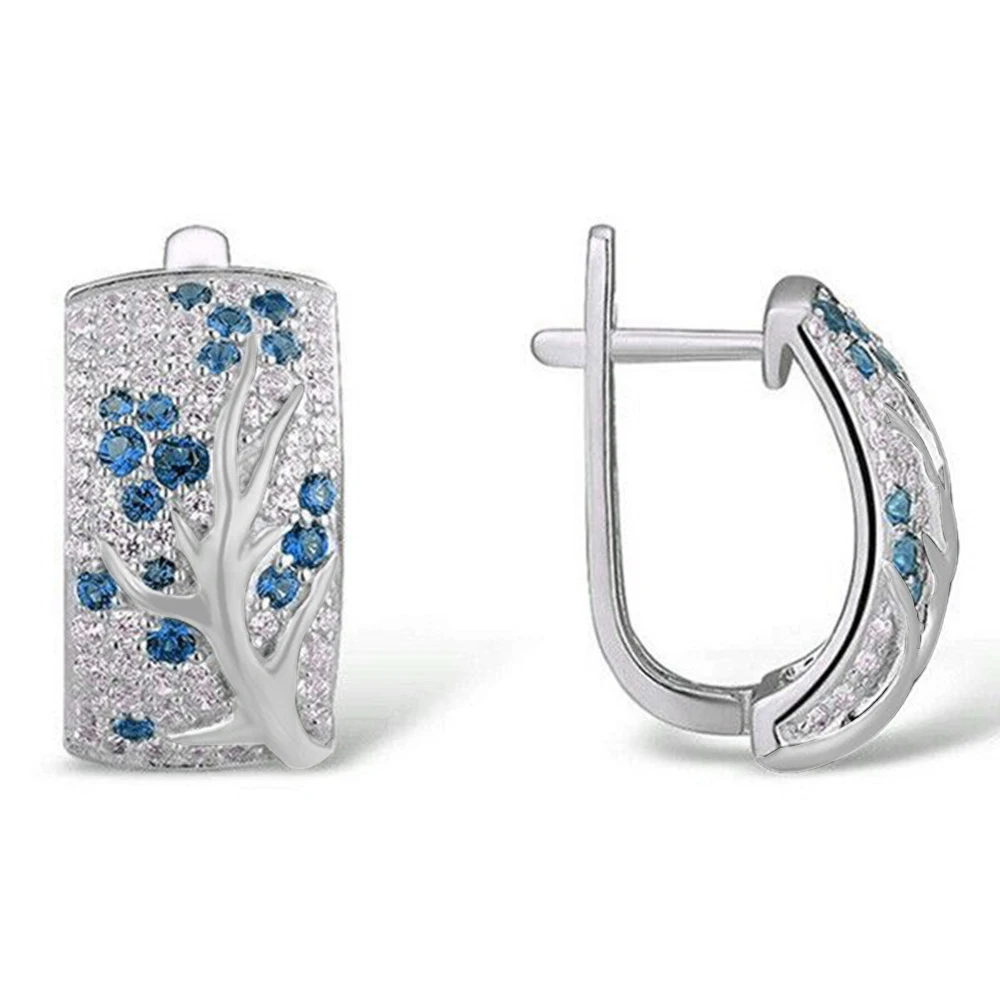Colorful Cubic Zirconia Hoop Earrings For Women 925 Sterling Silver Plant Plum Flower Earrings For Women/Girls Fashion Jewelry