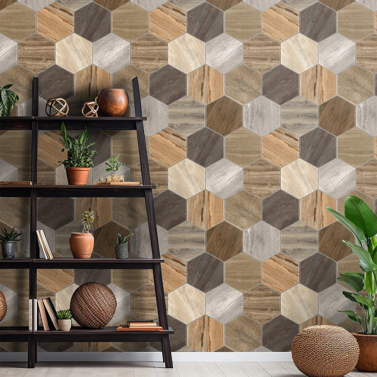 Hexagonal Wood Grain Wallpaper Peel and Stick Removable Hexagonal Contact Paper Self Adhesive Wall Paper Decorative Vinyl Film