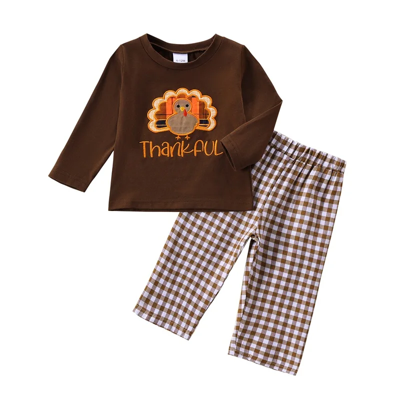 Kid Pants Set Turkey Train Embroidered Long Sleeve Round Neck Tops Plaid Long Pants Thanksgiving Outfits