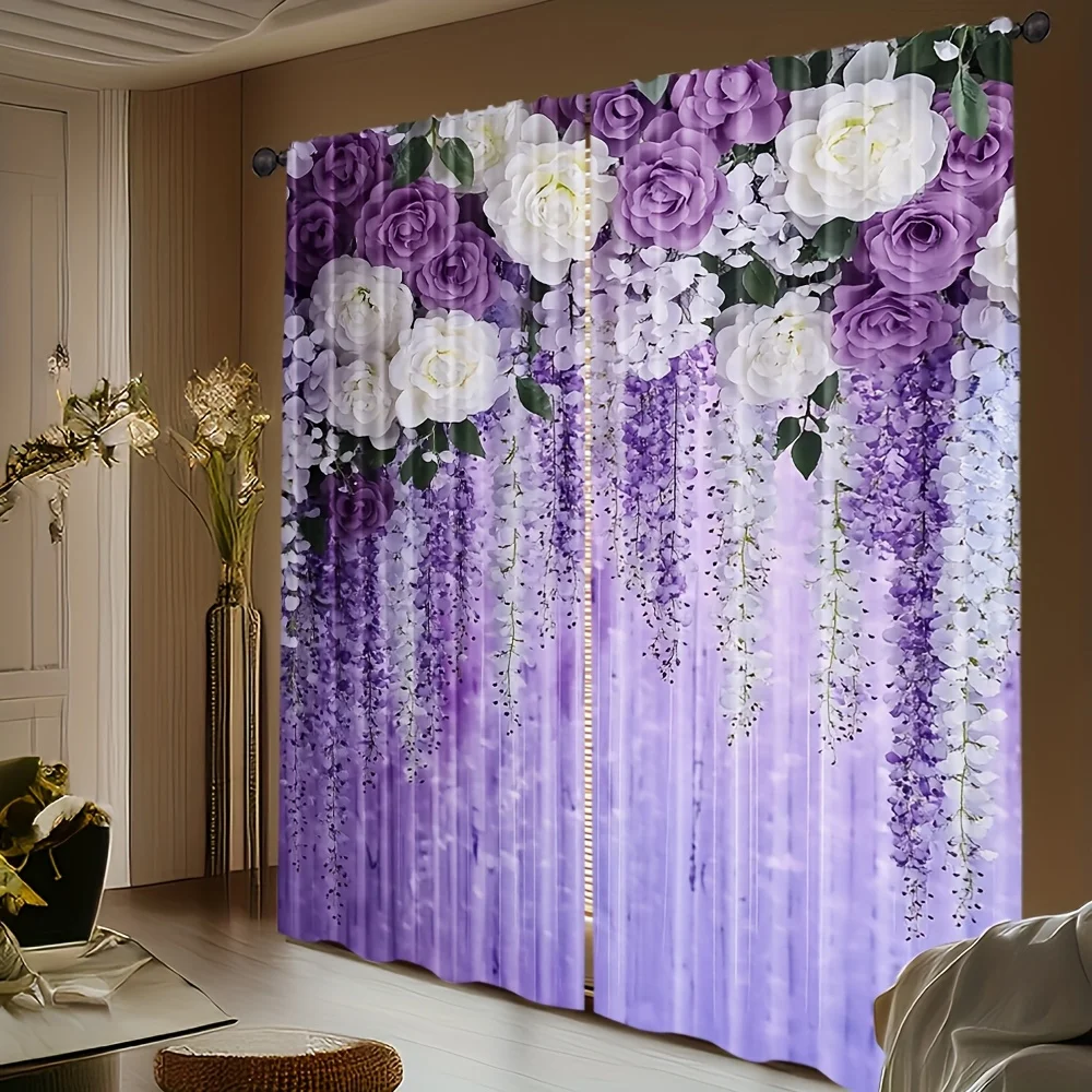 2PCS Lavender Floral Blackout Curtains – Purple Lilac Print, Thermal Insulated for Bedroom Living Room Decor