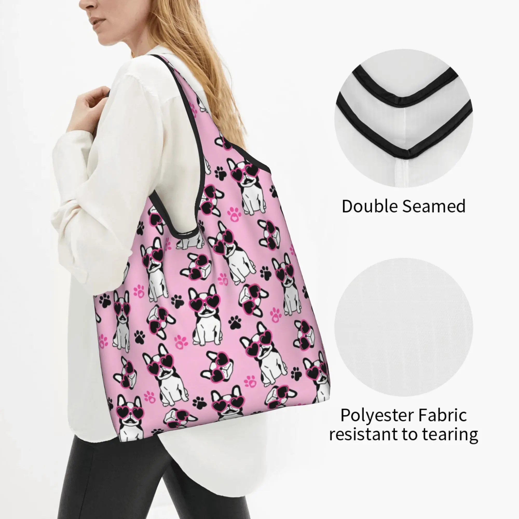 Custom Cute Bulldog Pink Heart Glasses Dog is My Valentine Shopping Bags  Grocery Frenchies Dog Pet Gift  Shopper Tote Bags