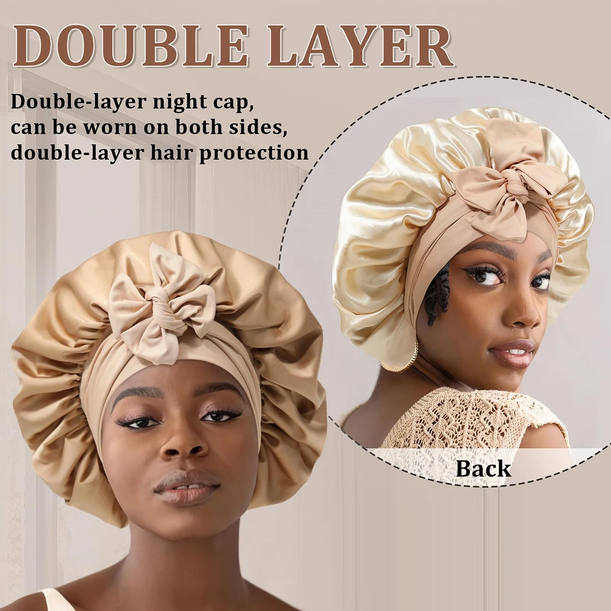 Double Layer Satin Hair Cap For Sleeping Bonnets For Women Round Haircare Women Headwear Night Hat Reversible Head Cover