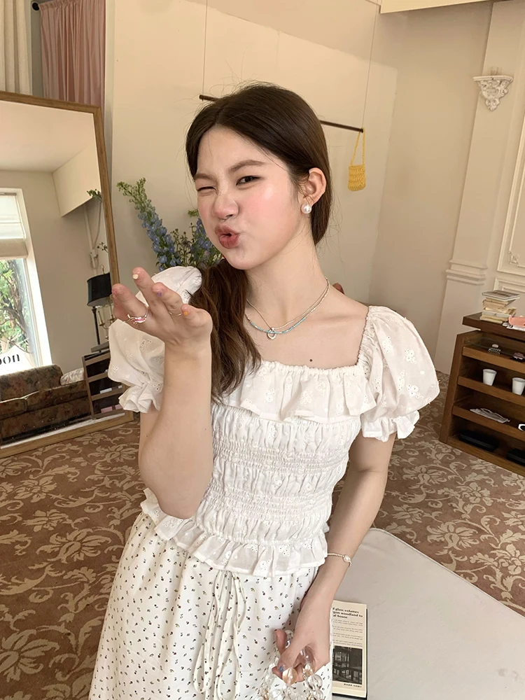 

Sweet Sle Bubble Sve irt Women's ort Sve Square Collar Waist Cinched Small Size Top Korean Faion Bubble irt