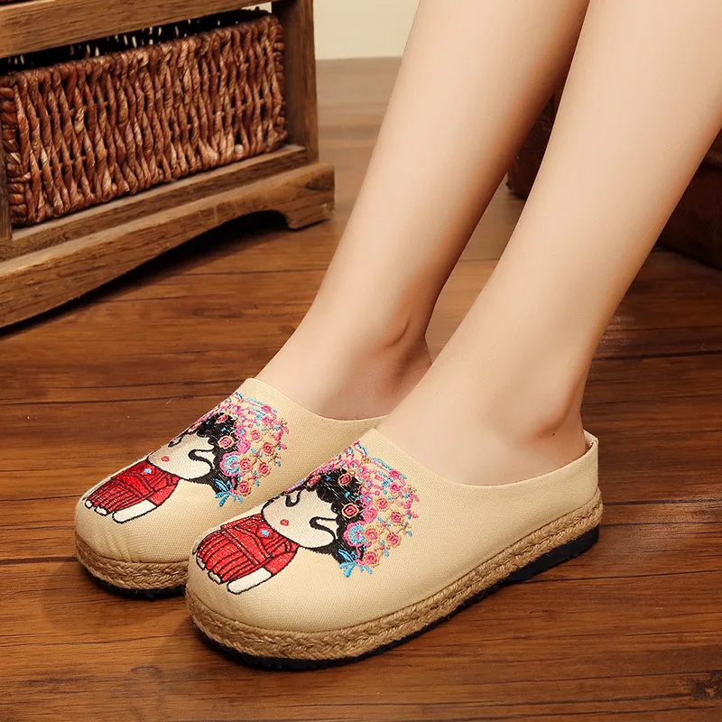 

Women Flower Girl Embroidered Linen Shoes Ethnic Flavor Fisherman Shoe Breathable Linen Sandals
