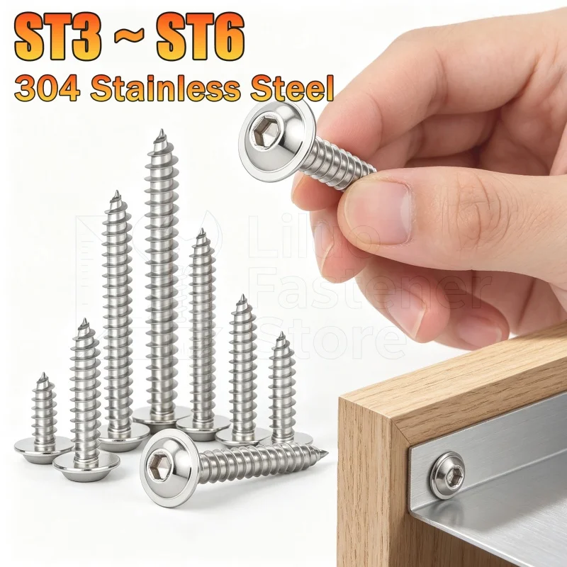 304 Stainless Steel Round Head Hexagon Socket Washered Agon Tap Self-tapping Screw with Collar Mushroom Umbrella Wood Screw