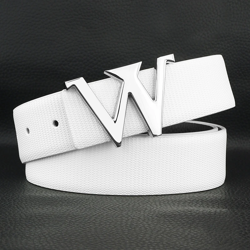 캐주얼 화이트 남성 디자이너 벨트 레터 W 슬라이드 버클 고품질 천연 가죽 브랜드 럭셔리 패션 남성 벨트